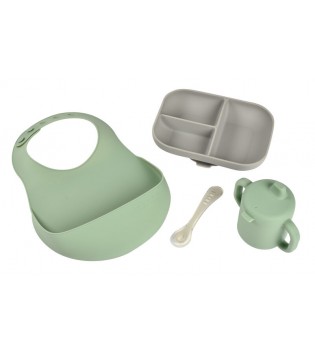 BEABA комплект за хранене с чашка и лигавник - Grey / sage green